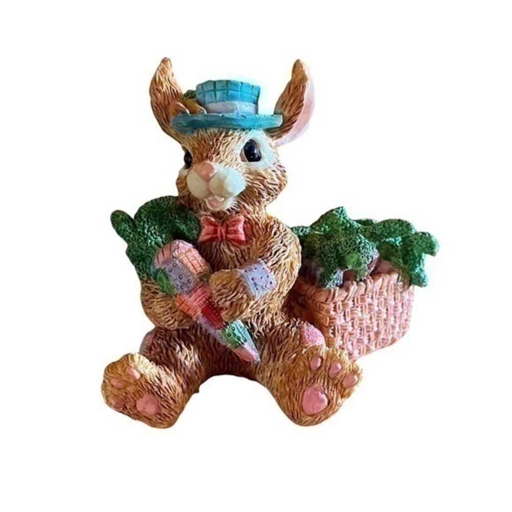 Easter Bunny Painted Figurine Holding Carrot Basket  Decoration Accent Piece